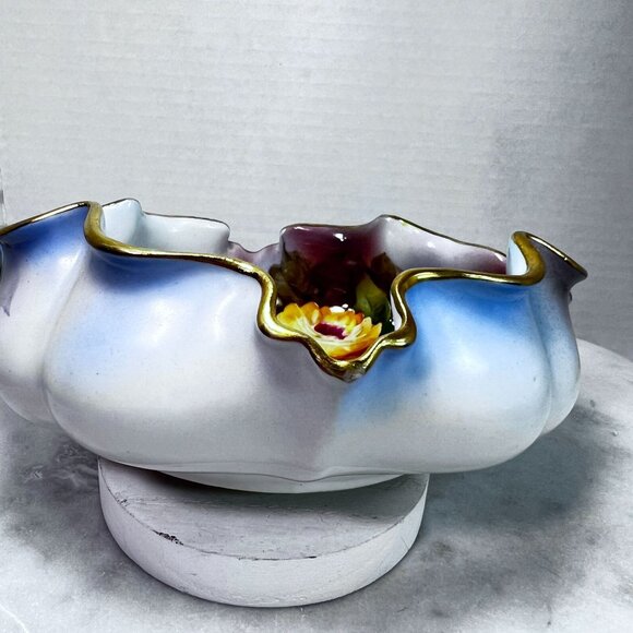 AQ 1891-1921 Hand-Painted Nippon Porcelain Ruffled Bowl Floral Design Gilded - Picture 5 of 11